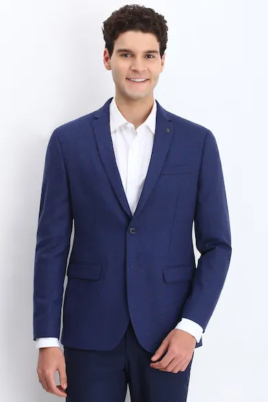 Men Navy Slim Fit Check Formal Blazer
